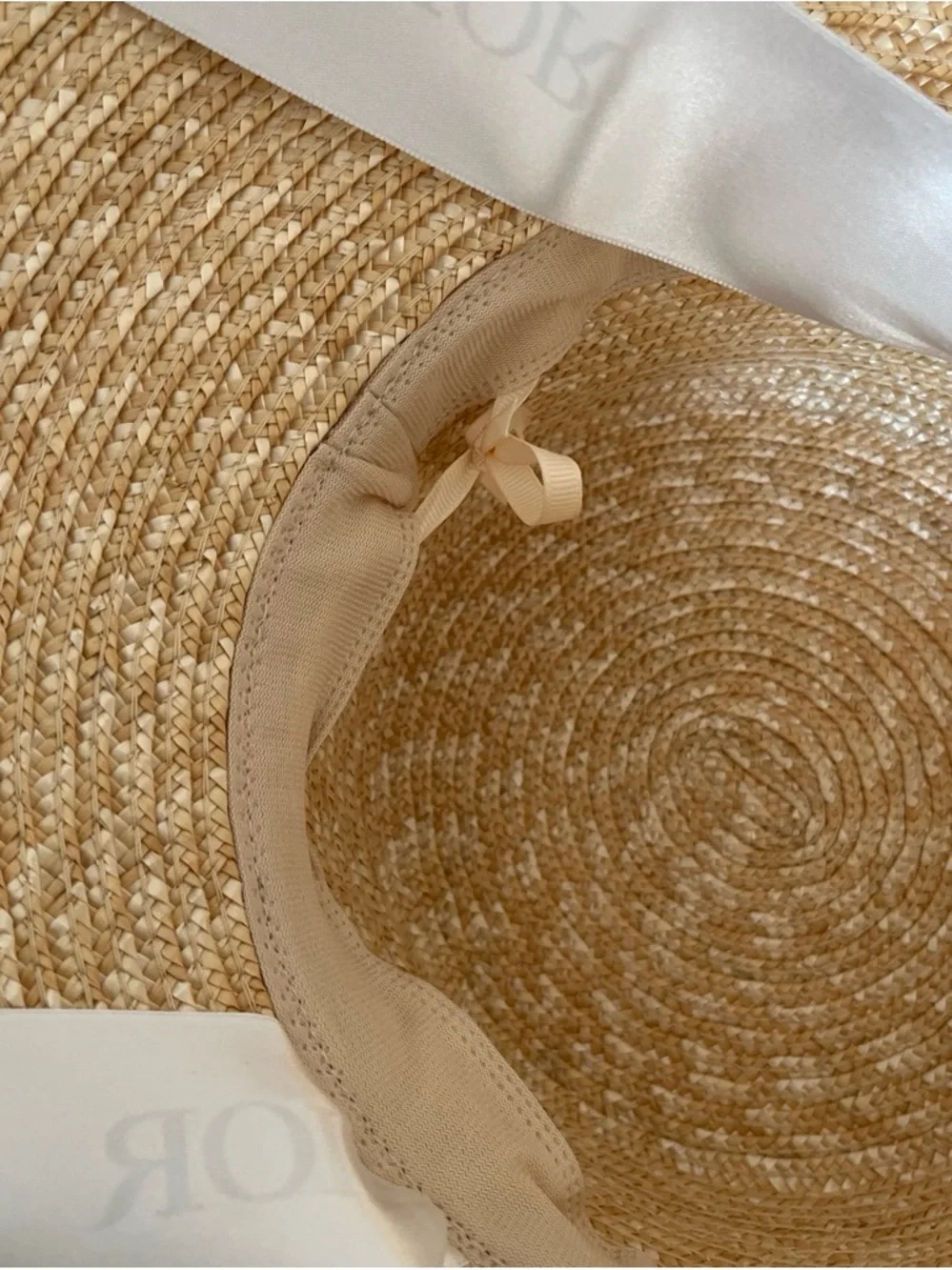 Natural Straw Wide-Brim Hat with real Dior White Logo Ribbon